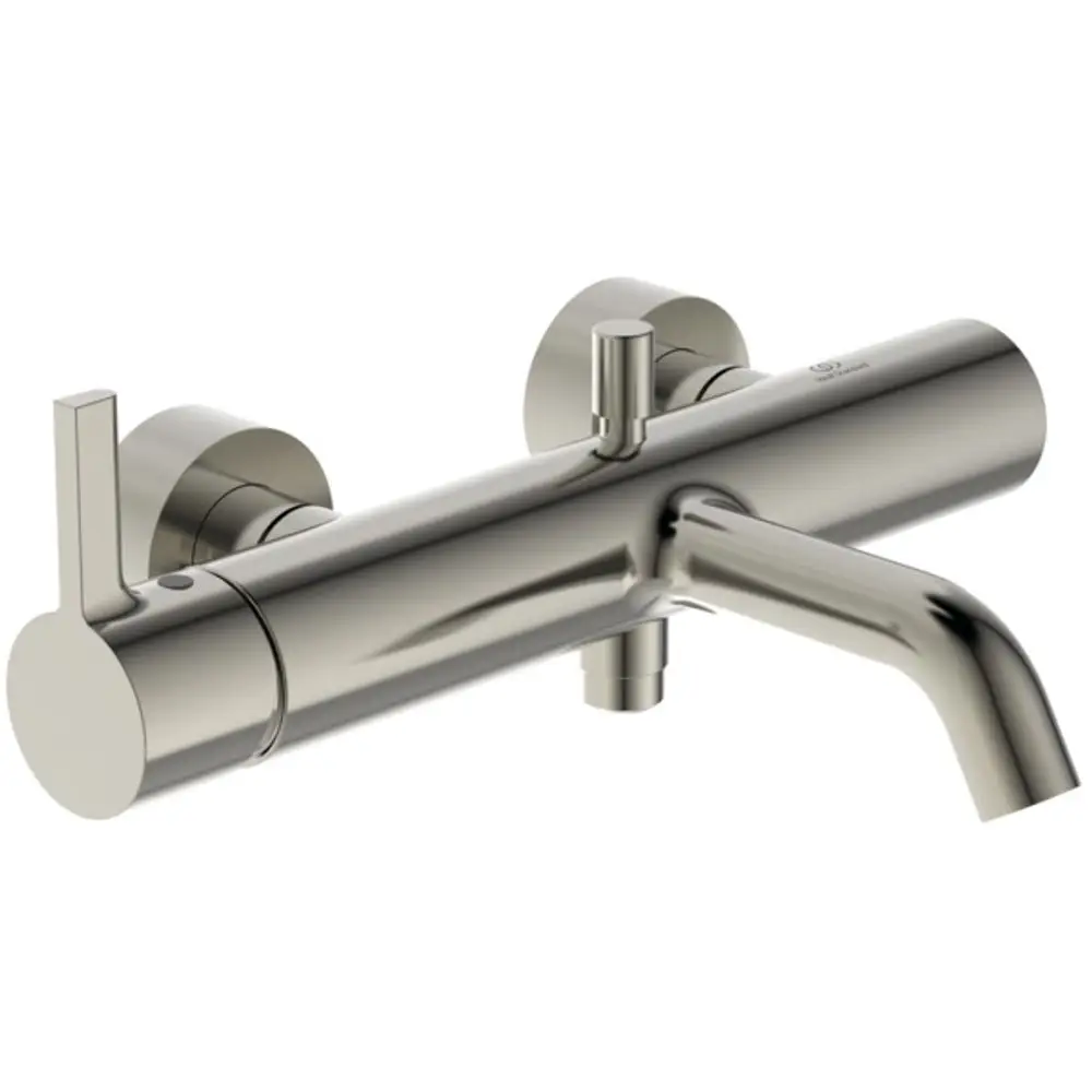 Mischbatterie in Silber mit zwei Hebeln zur Temperatur- und Durchflussregelung. Ideal Standard-Design, geeignet für moderne Badezimmereinrichtungen.